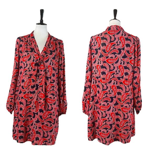 Boden New Dress Shift Tie Neck Long Sleeves Red Blue Paisley Women’s Size 10 - Picture 12 of 15